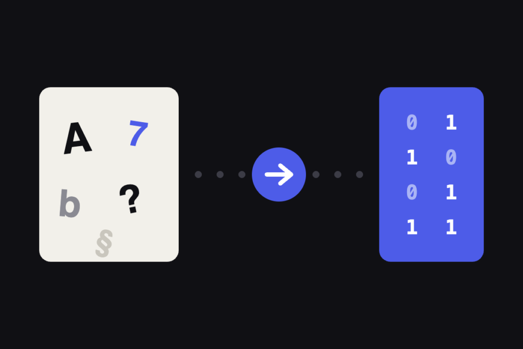 Dark hero illustration: messy document characters converted to validated binary data, representing AI data entry automation